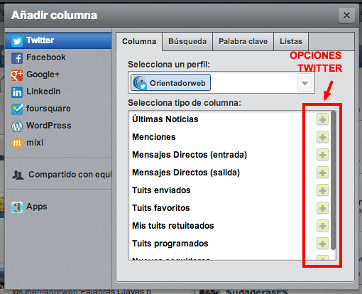 Opciones Tablas Twitter HootSuite