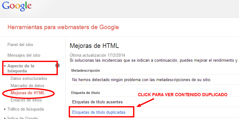 contenido duplicado Google Master tools orientadorweb