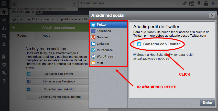 herramientas de monitorización Añadiendo Redes HootSuite