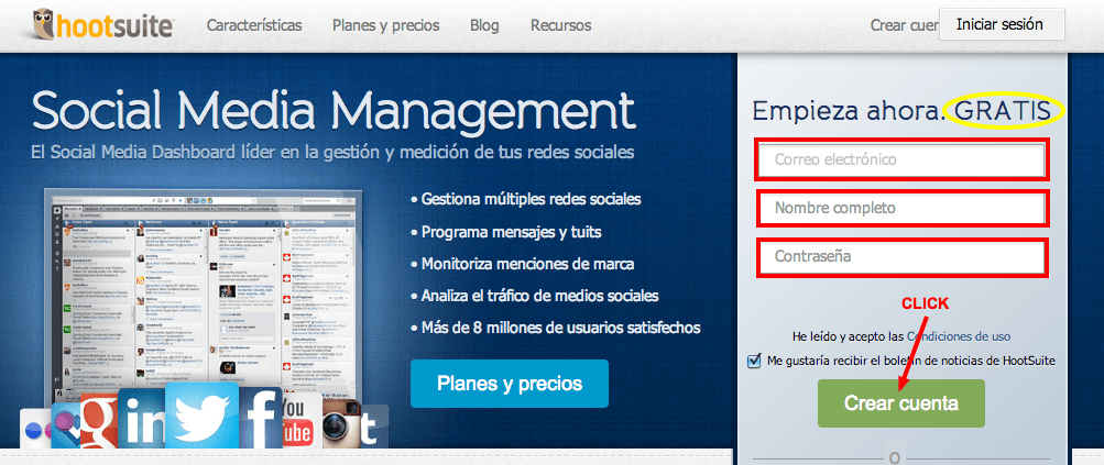 herramientas de monitorización Crear cuenta HootSuite