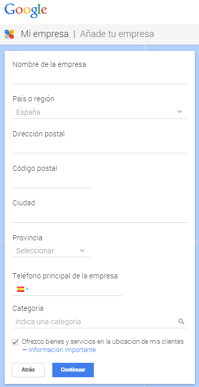 Datos necesarios para Google Business